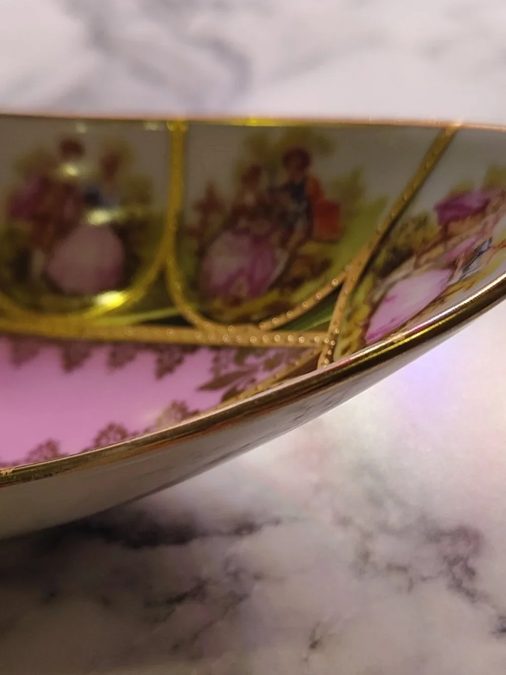 Alt Wien Porcelain Oval Bowl Pink Gold Victorian Romantic Couple Scenes